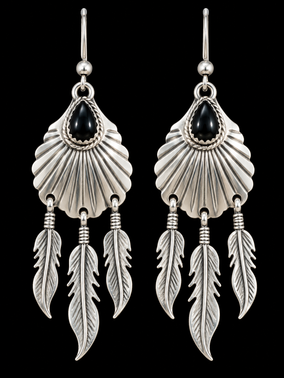 Sterling Silver and Onyx Feather Earrings