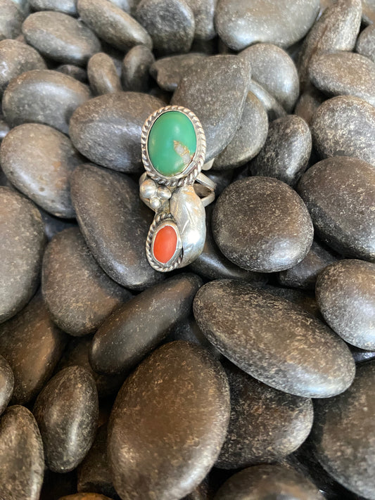 Navajo Royston Turquoise & Coral Feather Ring