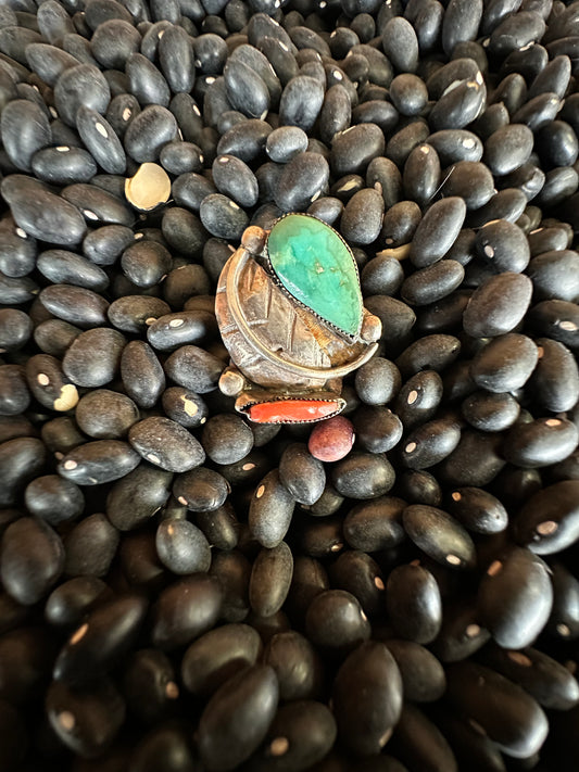 Unmarked Sterling Silver Turquoise and Coral Ring