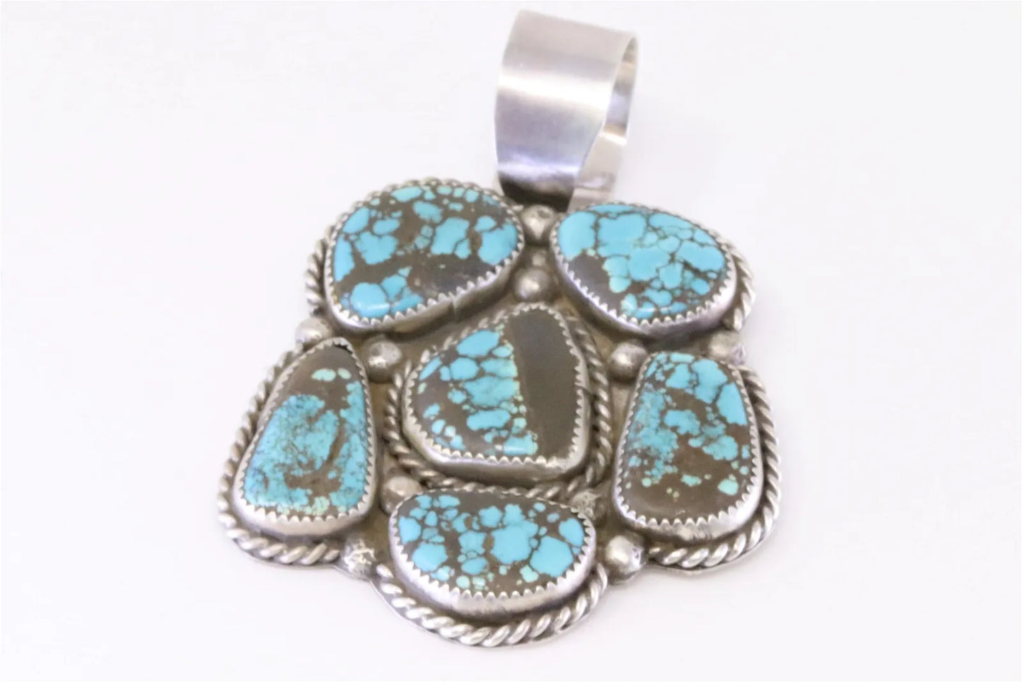 JJ Native American Navajo Handmade Sterling & Beautiful 6 Stone Turquoise Pendant