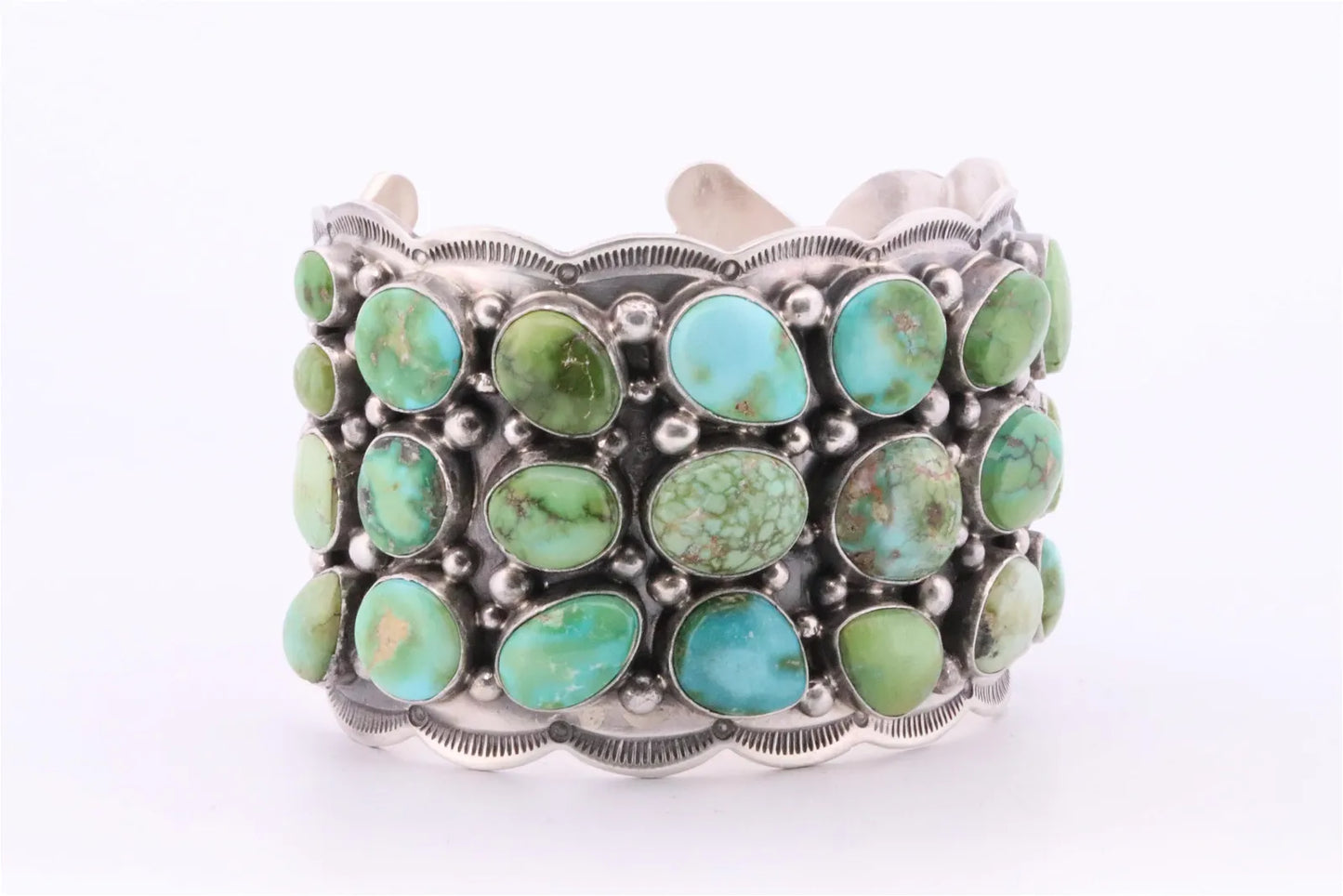 Tom Lewis Navajo Handmade Sterling Silver Sonora Gold Turquoise Cuff