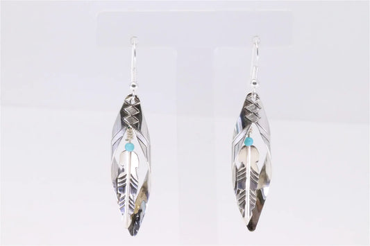 Unmarked Native America Navajo Handmade Sterling Silver Turquoise Feather Dangling Earrings