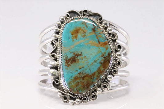 Leslie Nez Native America Navajo Handmade Sterling Silver Turquoise Cuff Bracelet