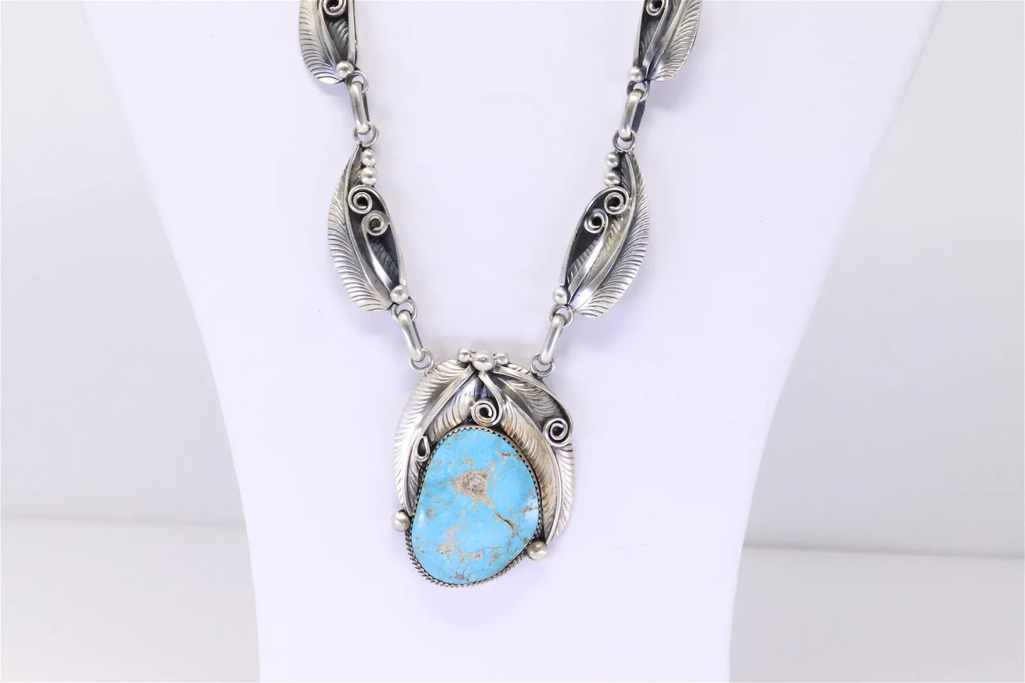 Davey Morgan Navajo Handmade Sterling Silver Turquoise Feather Necklace