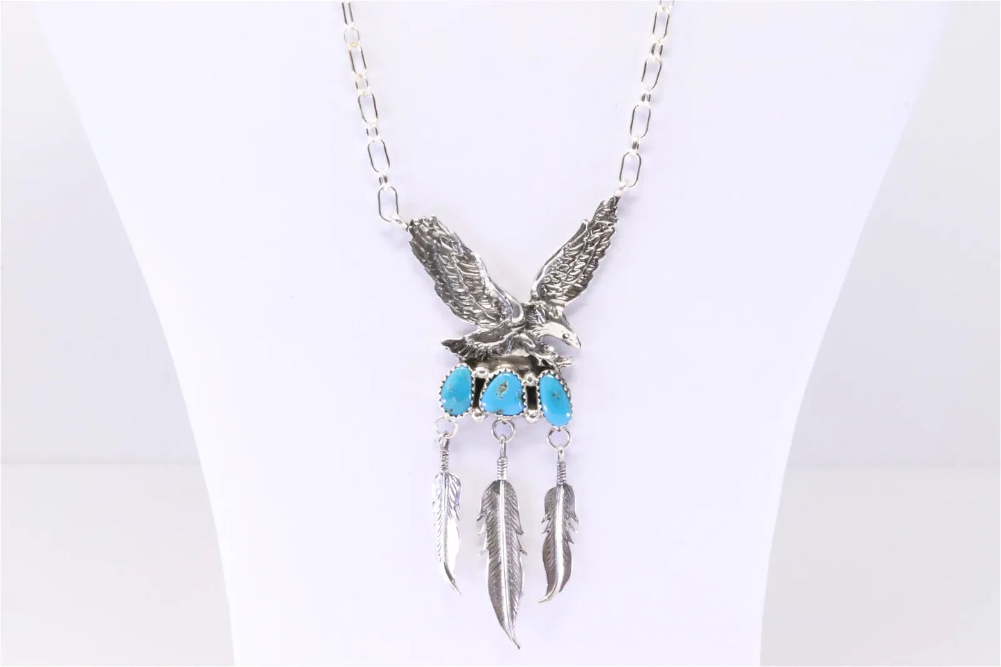 Henry Attakai Navajo Handmade Sterling and Turquoise Bird & Feathers Necklace