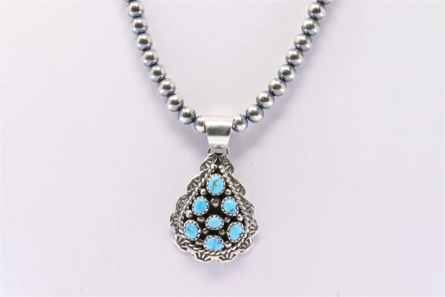 Tina Jones Sterling & Turquoise Cluster Pendant and Navajo Pearls Marked TJ