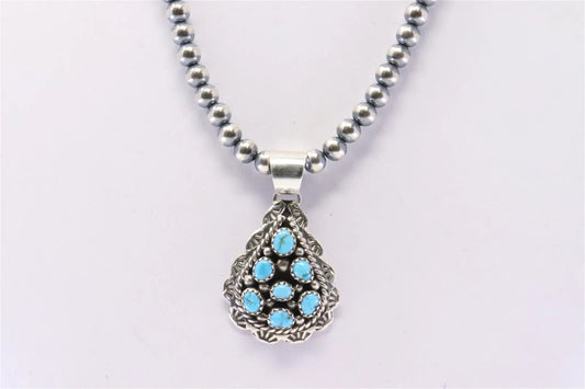 Tina Jones Sterling & Turquoise Cluster Pendant and Navajo Pearls Marked TJ