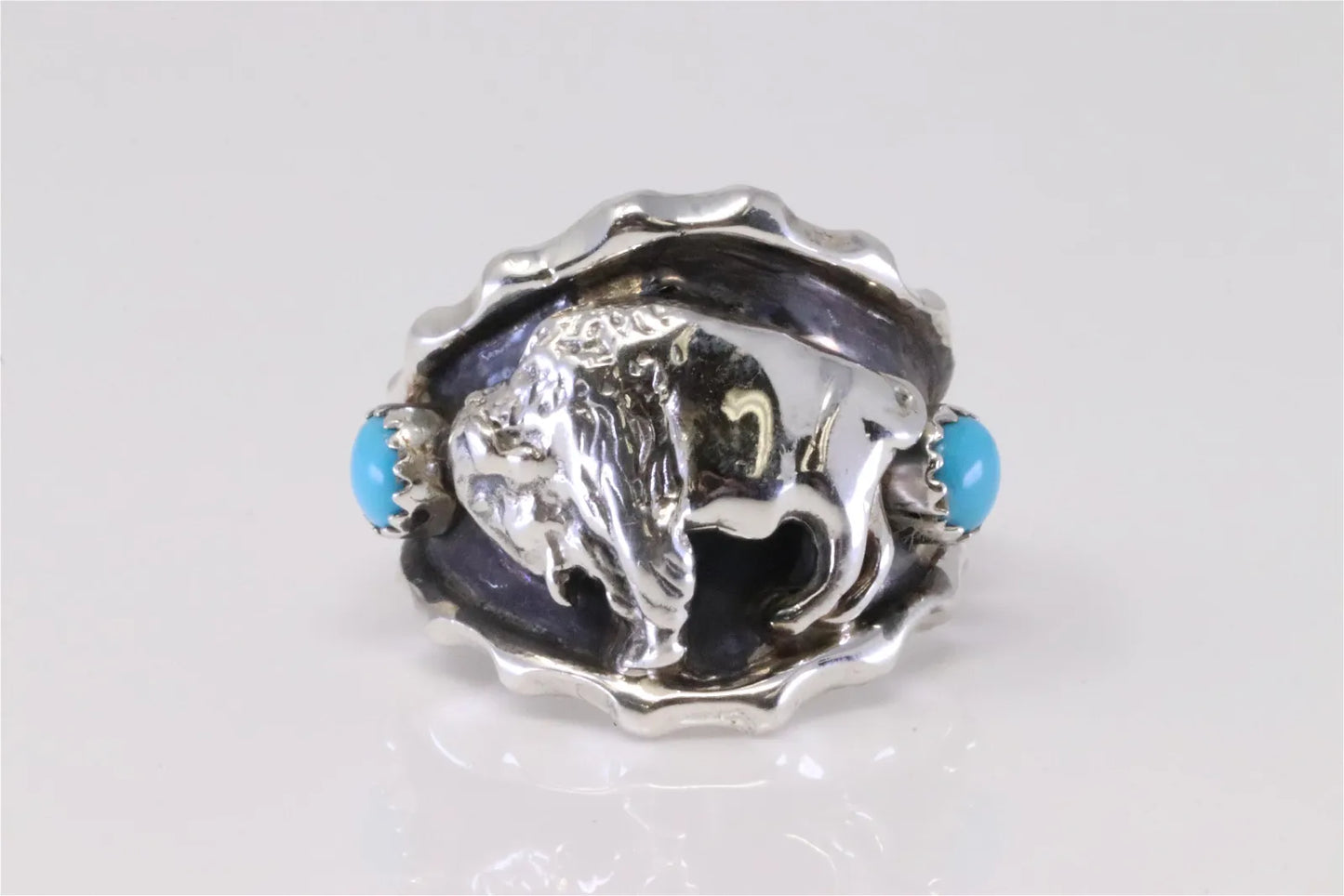 Running Bear Native America Navajo Handmade .925 Silver Turquoise Buffalo Ring