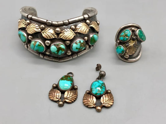 S M Vintage Old Pawn Native Jewelry Set with Gold Leaves and Turquoise