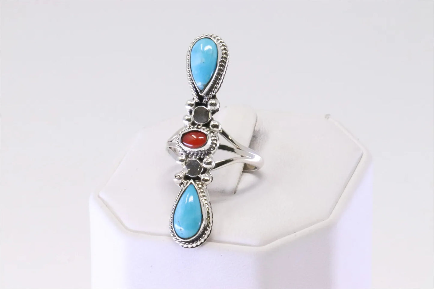 Unmarked Native American Turquoise and Corral Ring