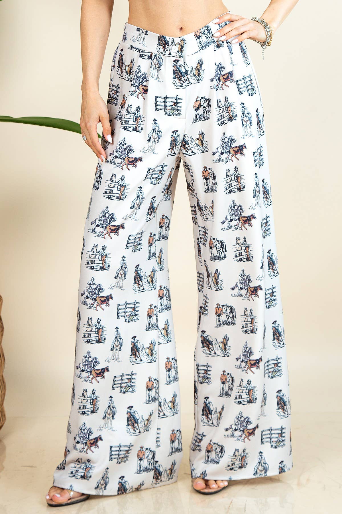 P1261-5308-Western Horse Farm Print Elastic Wide Pants