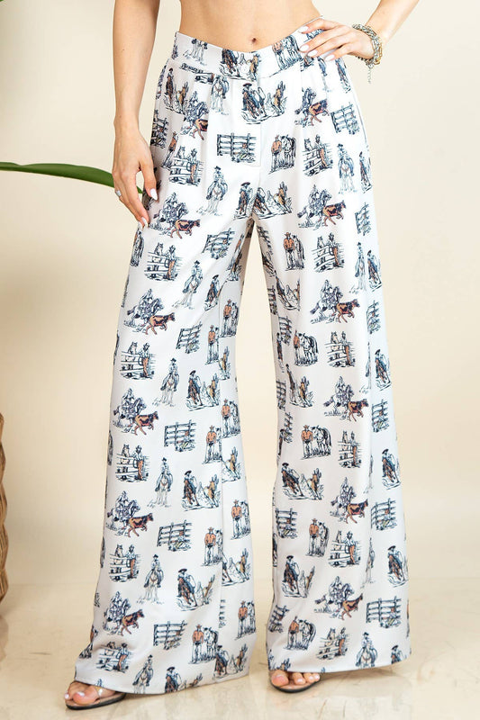 P1261-5308-Western Horse Farm Print Elastic Wide Pants