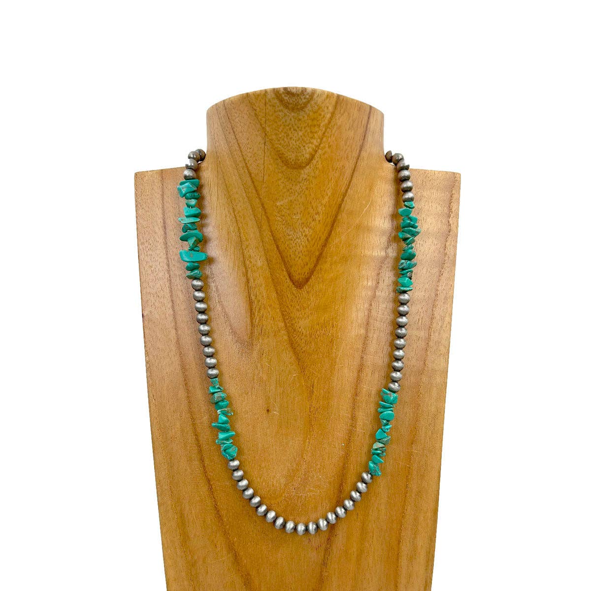 NKZ030524-37                      18 inches silver Navajo pearl with green turquoise nuggets beads Necklace