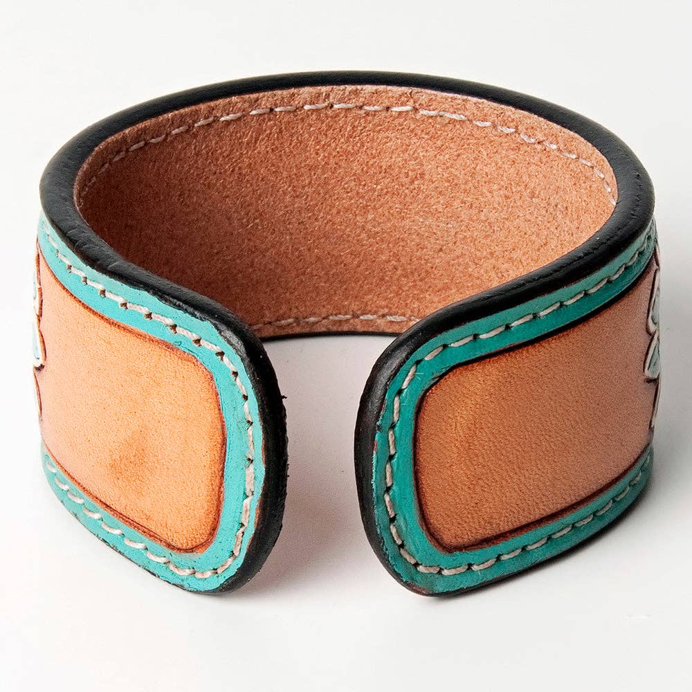 LC-ADBRF158 Turquoise Cactus & Flower Hand Tooled Leather Cuff Bracelet - Western Boho Style
