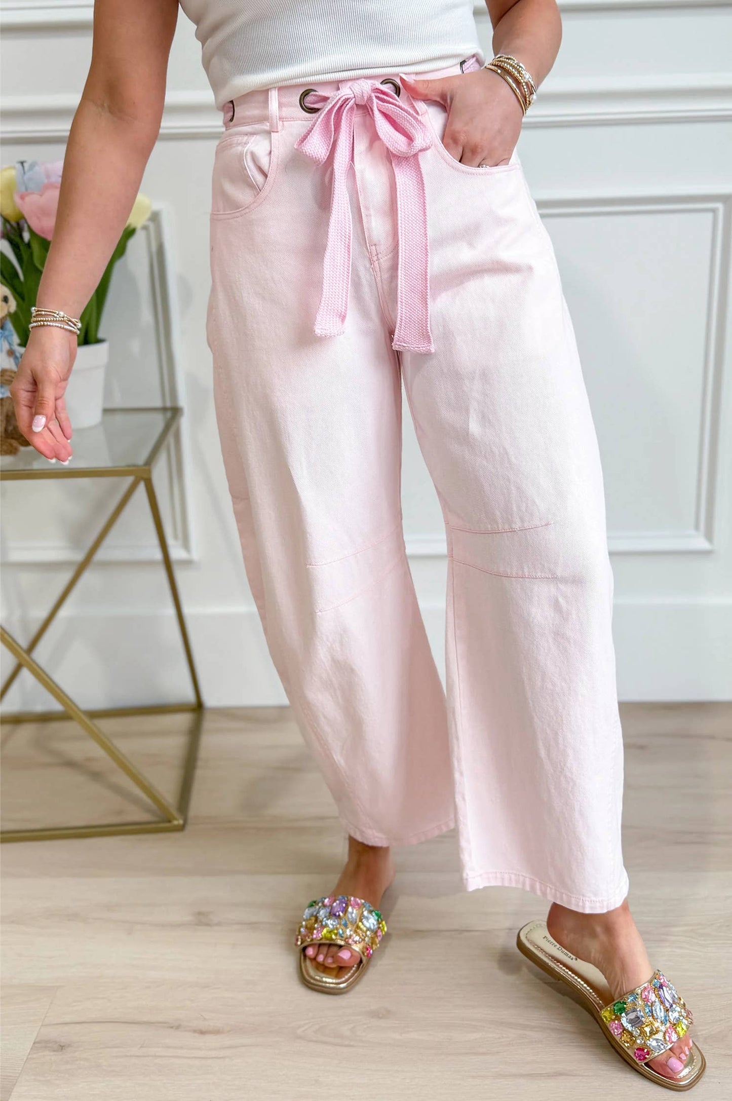 66 Mineral Washed Eyelet Belted Barrel Jeans