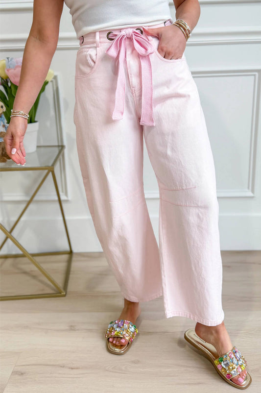 Pink Mineral Washed Eyelet Belted Barrel Jeans