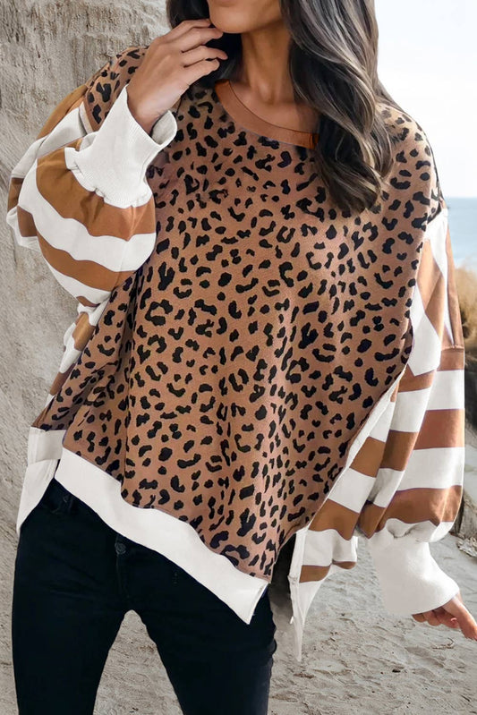 Stripe Leopard Side Slits Sweatshirt