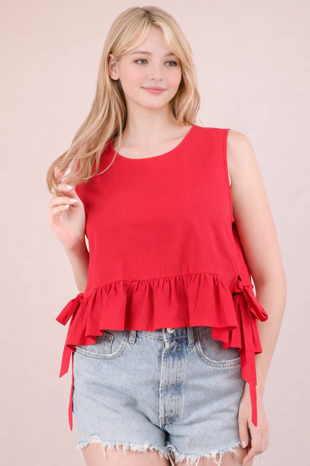Side Tie Detail Red Ruffled Top