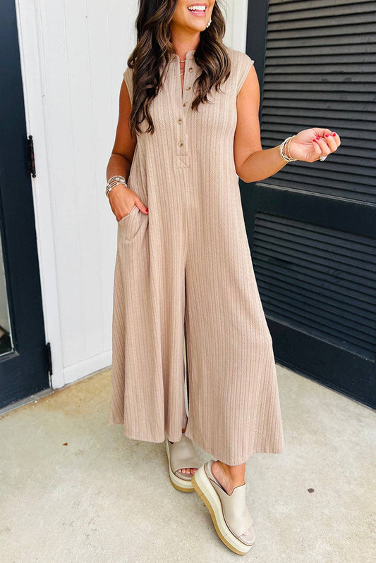 Textured Buttoned Sleeveless Jumpsuit