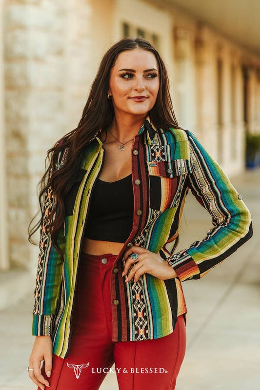 Plus Size Serape Multi Printed Long Sleeve Western Shirt