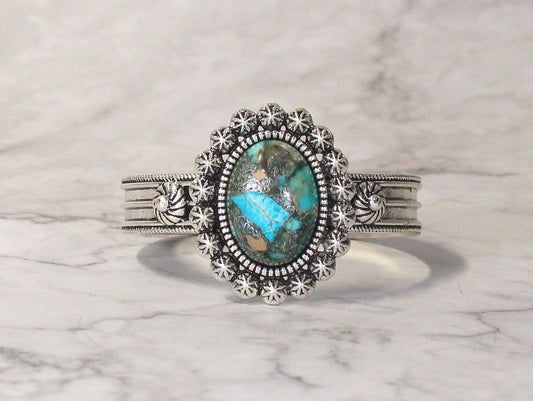 0733 R4 - 86 Silver-Tone Cuff Bracelet with Oval Faux Turquo