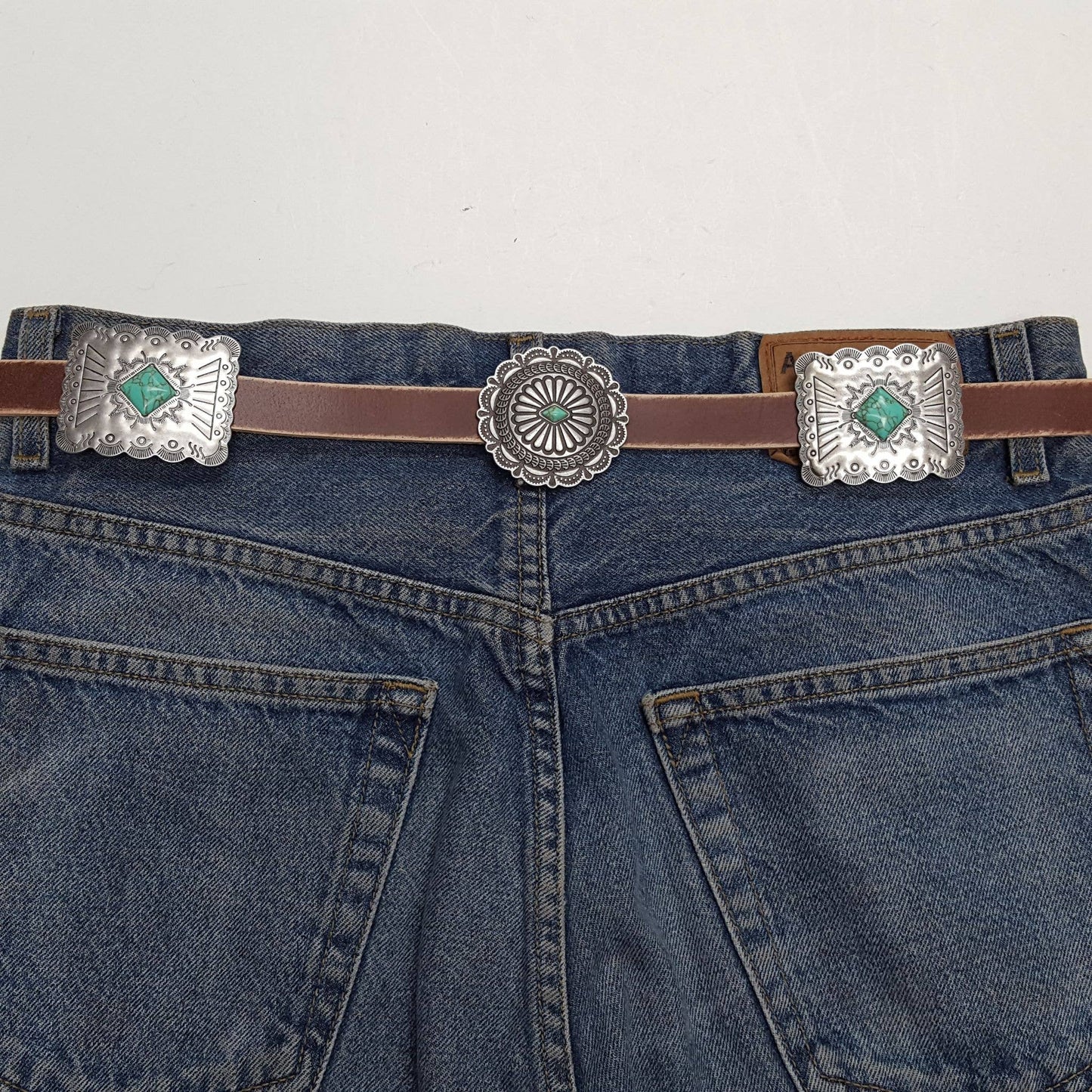 Western Genuine Distressed Leather belt Alternating Conchos