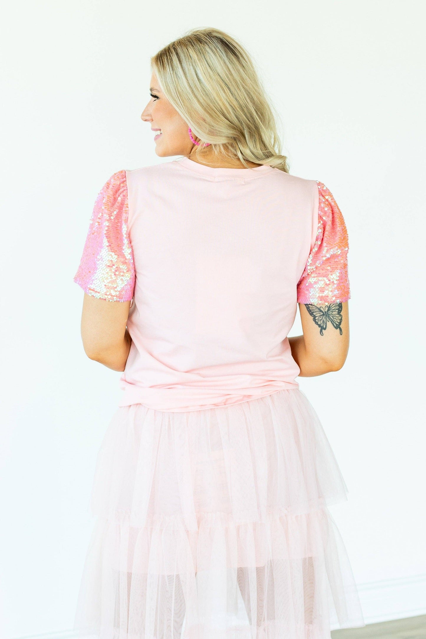 Heart on Pink Sequins Sleeve Top