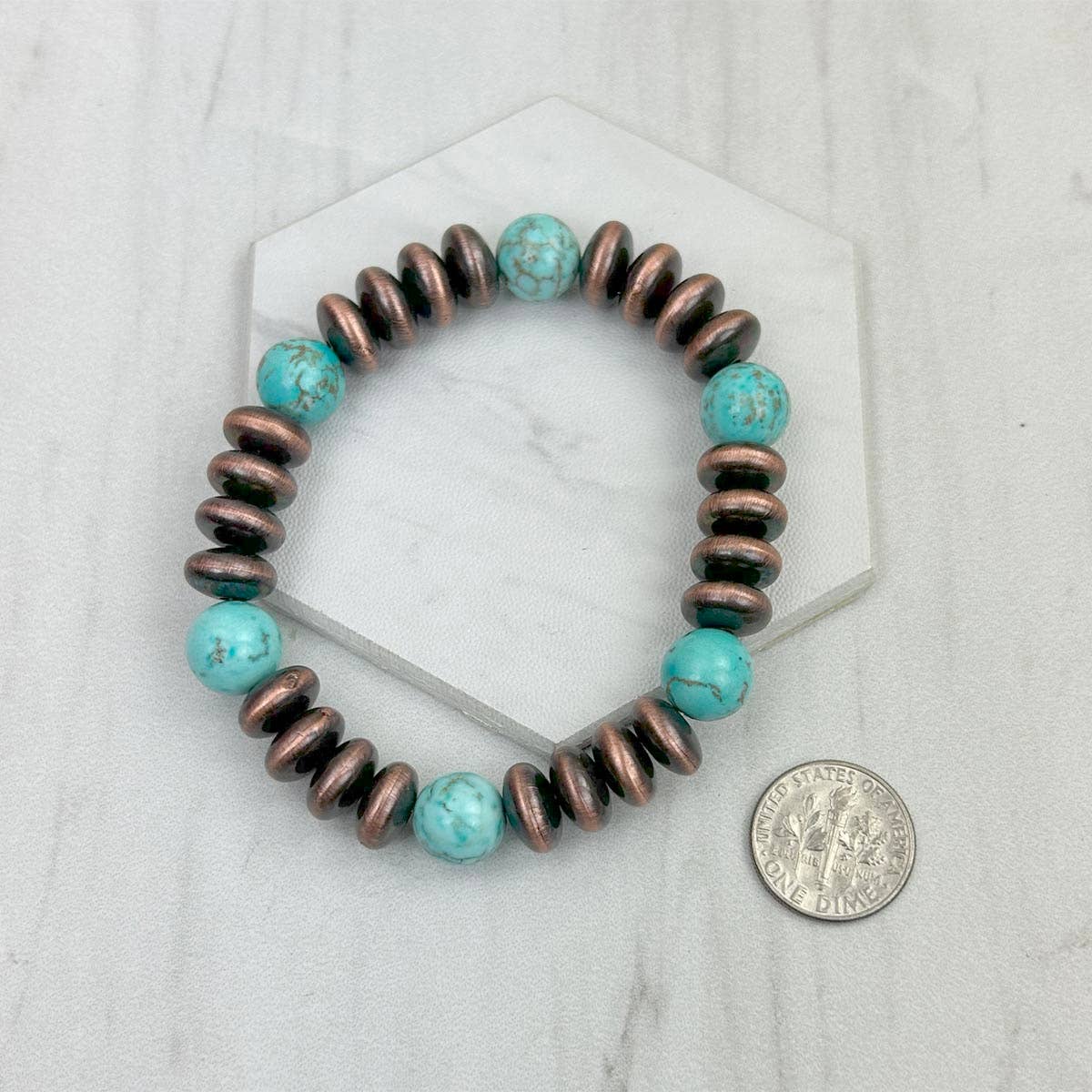 Blue turquoise stone and copper Navajo pearl beads bracelet