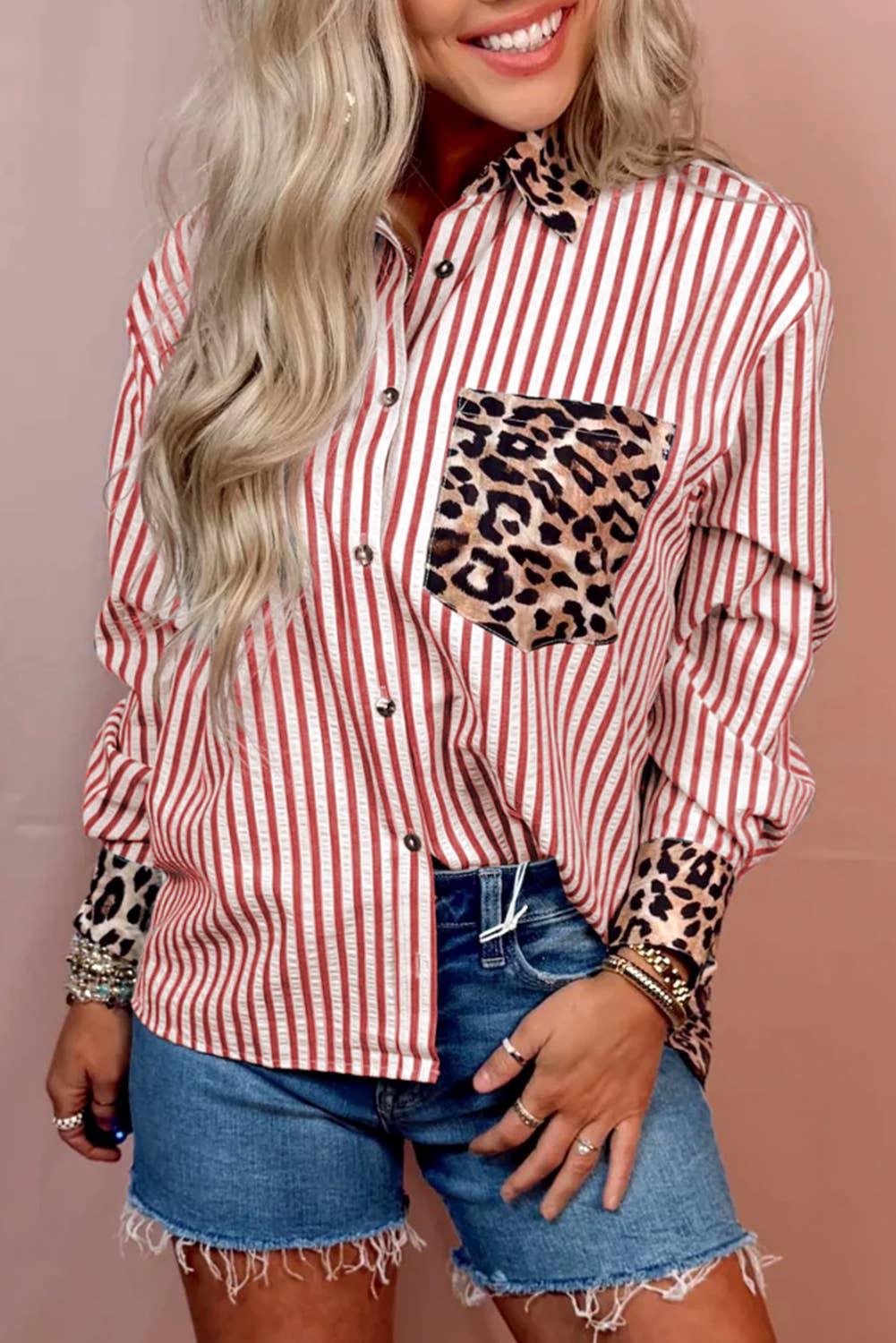 Spring 2026 Chic Contrast Leopard & Stripes Button Shirt