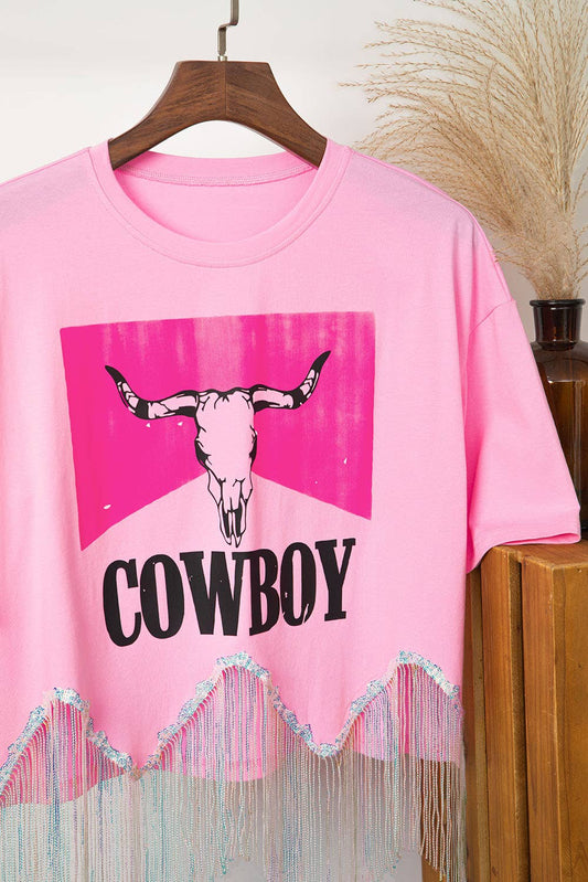 Women COWBOY Western Print Sequin Fringed Graphic Tee | S-XL