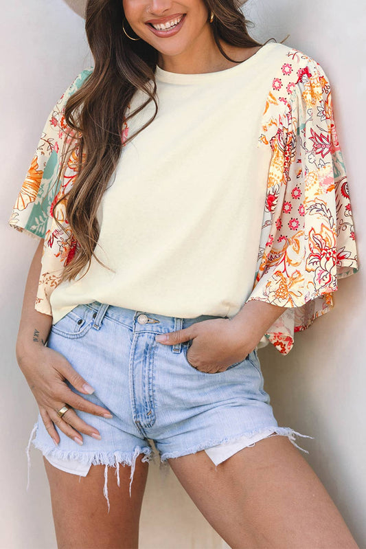 Floral Half Batwing Sleeve Round Neck Blouse | S-XL