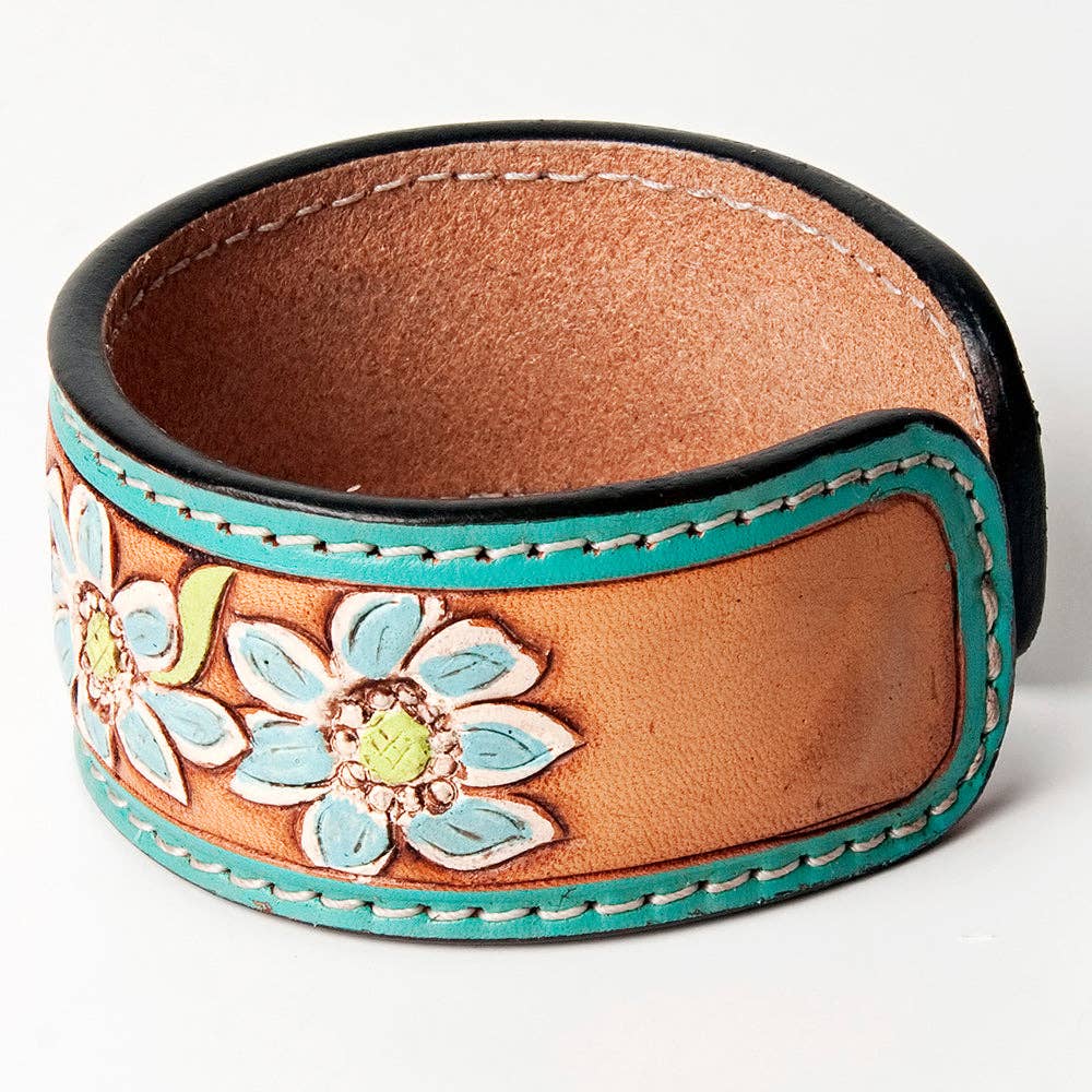 LC-ADBRF158 Turquoise Cactus & Flower Hand Tooled Leather Cuff Bracelet - Western Boho Style