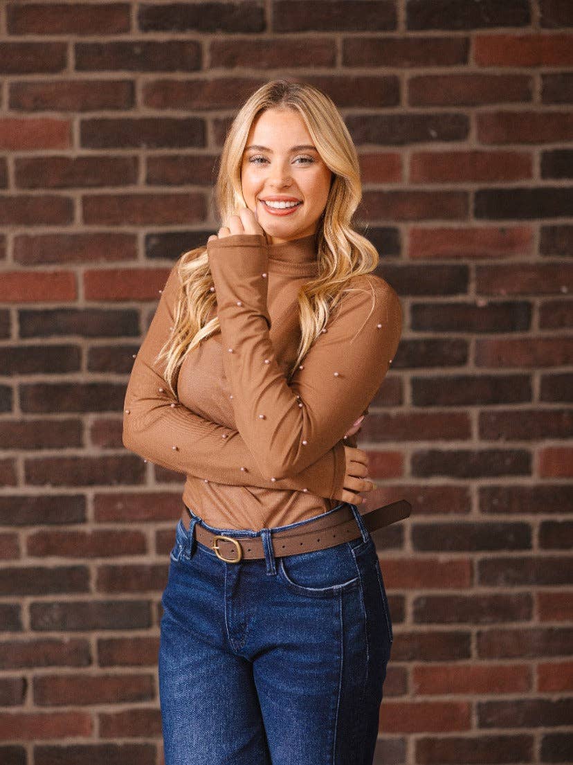 Mock Neck Mesh Top with Pearl Detail, Brown