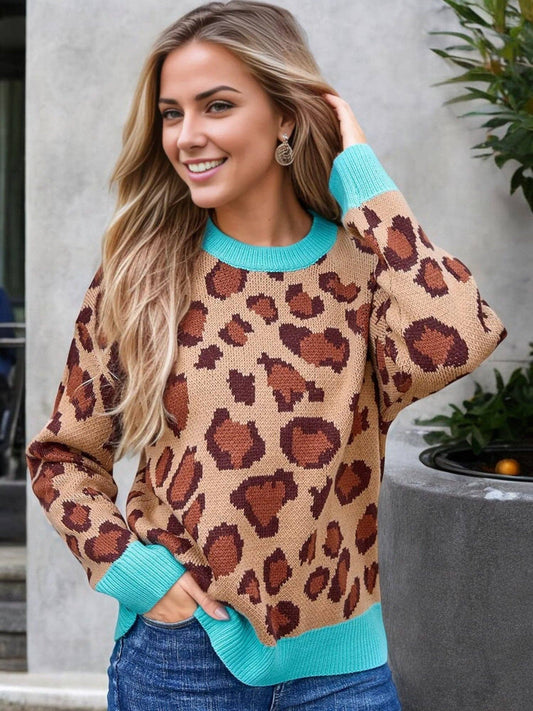 Long Sleeve Leopard Print Knit Sweater with Contrast Trim