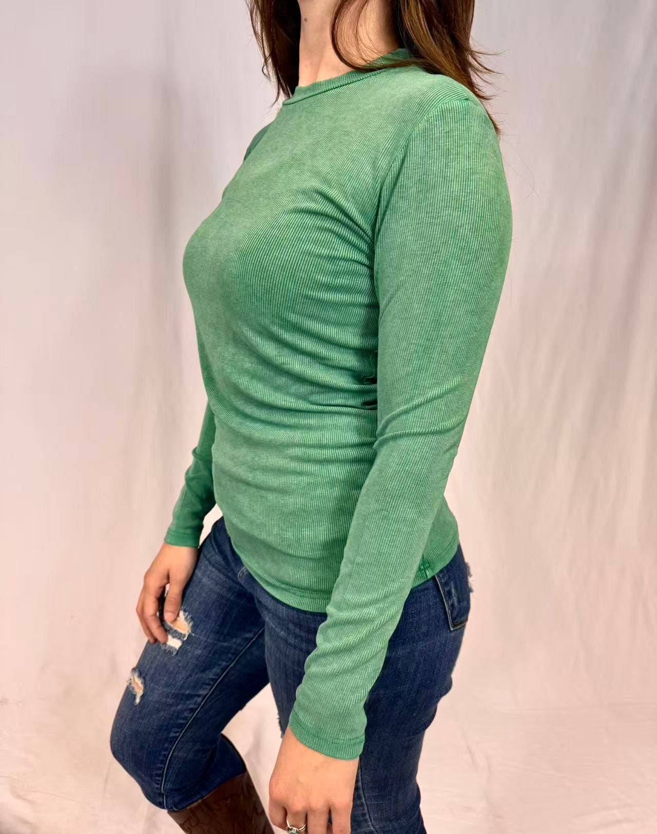 MK412 Acid Washed Ribbed LS Mock neck Top - Olive