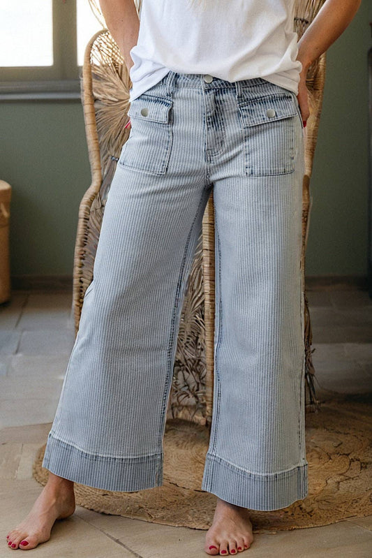 Stripe Denim Button Flap Pocket Cuffed Hem Jeans