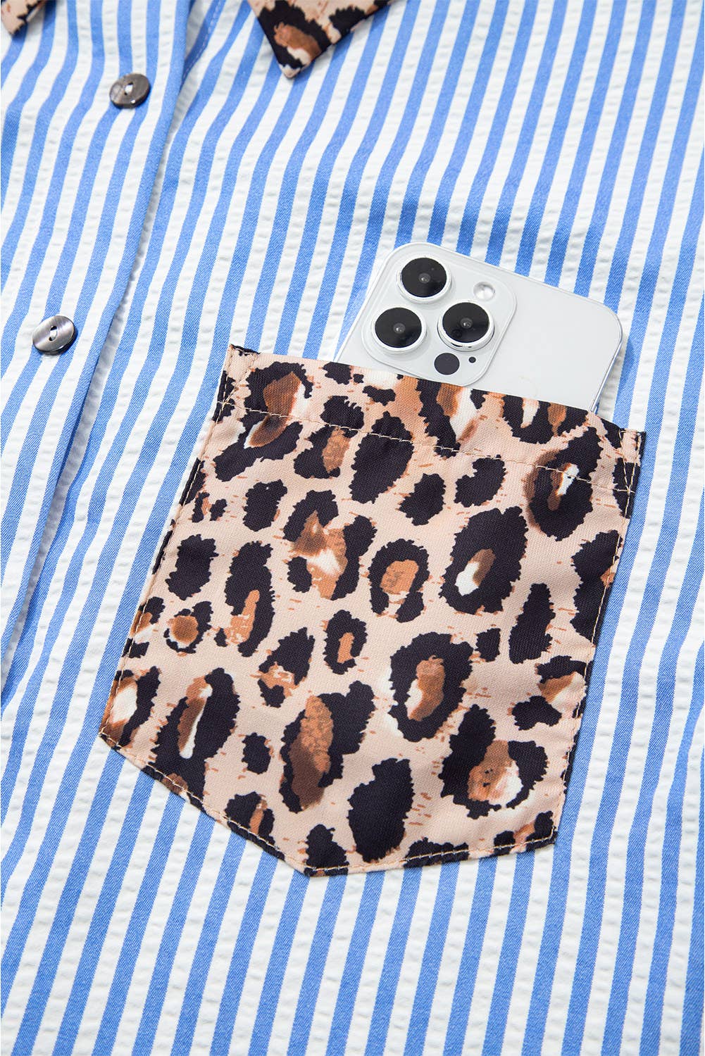 Spring 2026 Chic Contrast Leopard & Stripes Button Shirt