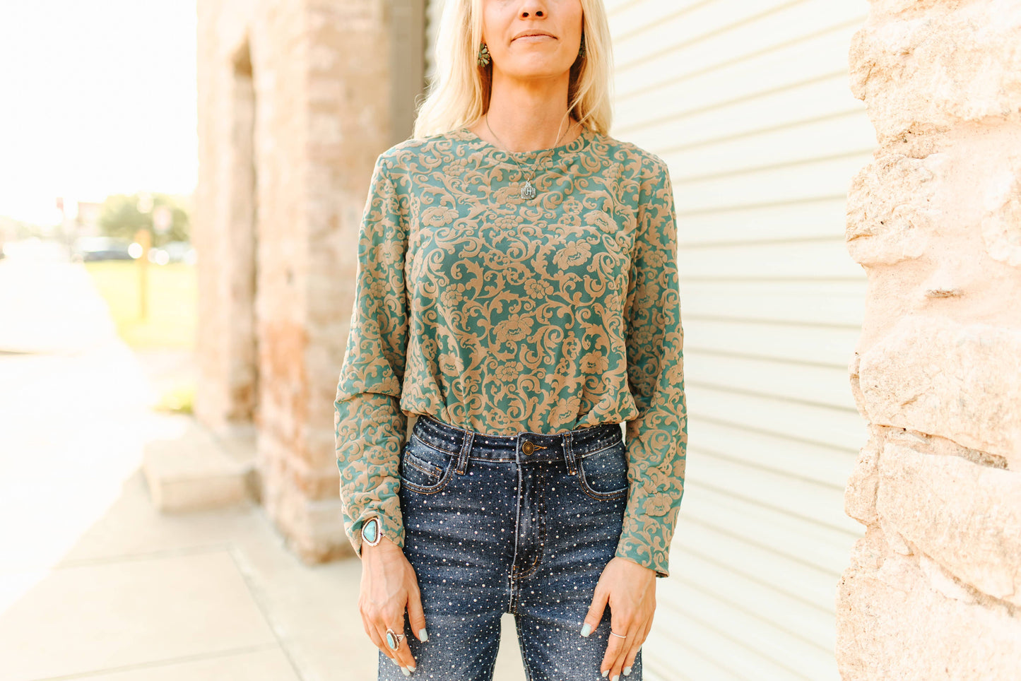 Turquoise Beige Tooled Burnout Mesh Long Sleeve Top