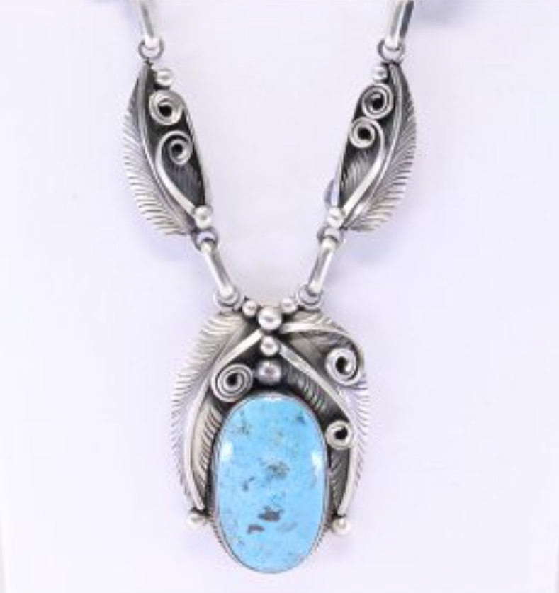 Davey Morgan Handmade Navajo Sterling Silver and Turquoise Necklace Leaf Cuff